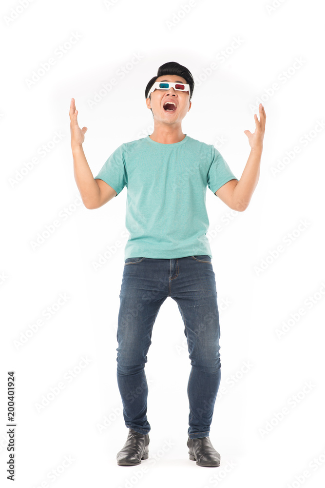 Portrait of ecstatic Asian man wearing 3d cinema glasses isolated on white Portrait of ecstatic Asian man wearing 3d cinema glasses isolated on white