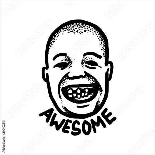 Etched illustration. Engraved sticker. Dark humor jokes. Contemporary street art work. Hand drawn sketch of the face of a bald head man with a terrible toothless smile.