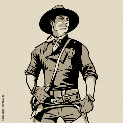 Man with cowboy hat and shirt and scarf. Western. Portrait. Digital Sketch Hand Drawing. Illustration.