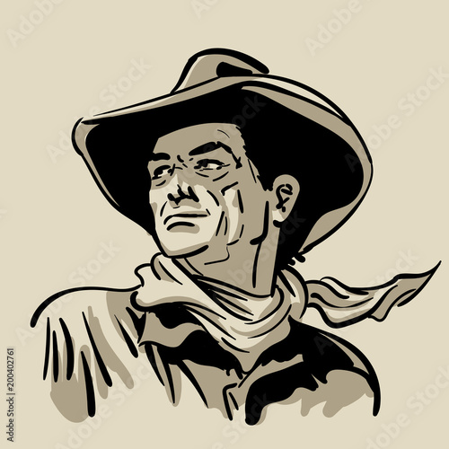Man with cowboy hat and shirt and scarf. Western. Digital Sketch Hand Drawing Vector. Illustration. © Tissen Vadim