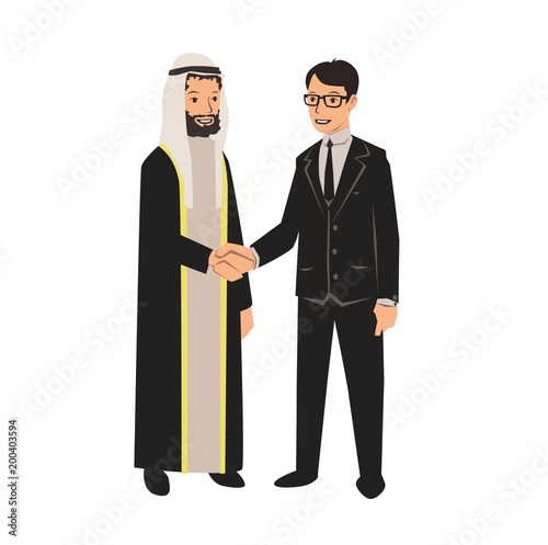 Arab and European businessmen shaking hands. Business meeting with Arab partners. Vector illustration, isolated on white background.