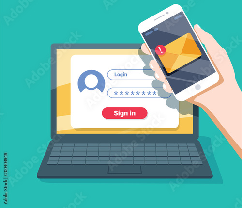 Verification code message. Laptop and smartphone with code. Personal information security.