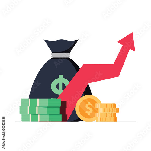 Profit money or budget vector illustration, flat cartoon pile of cash and rising graph arrow up.