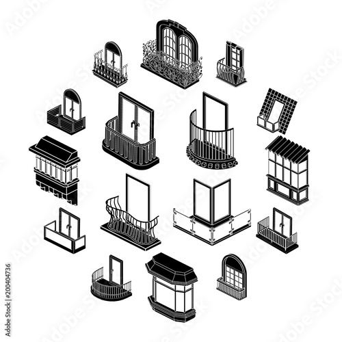 Balcony window forms icons set, simple style