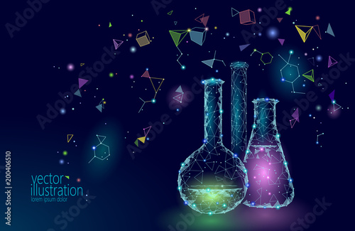 Low poly science chemical glass flasks. Magical equipment polygonal triangle blue glowing research future technology business medicine concept vector illustration