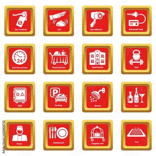 Hotel service icons set red square vector
