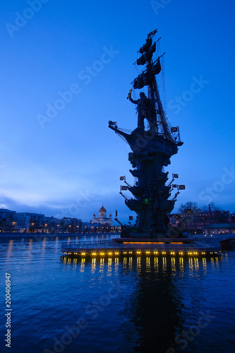 Moscow, Russia - April, 08, 2018: monument of Piter the thirst in Moscow at night