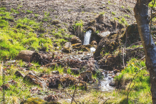 Wasser fliesst aus einem Rohr in der Natur zwischen Gras und Steinen