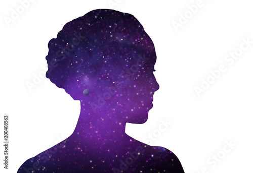 mindfulness, harmony and spirituality concept - ultra violet woman silhouette of space over white background