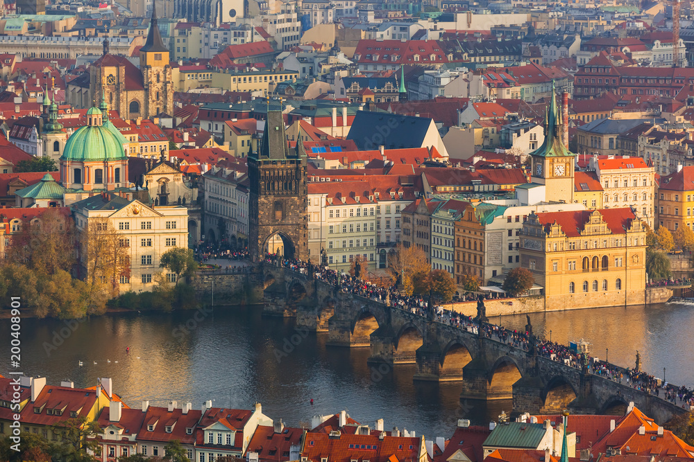 Prague Czech Republic - October 19 2017: People walking on the Charles bridge in Prague