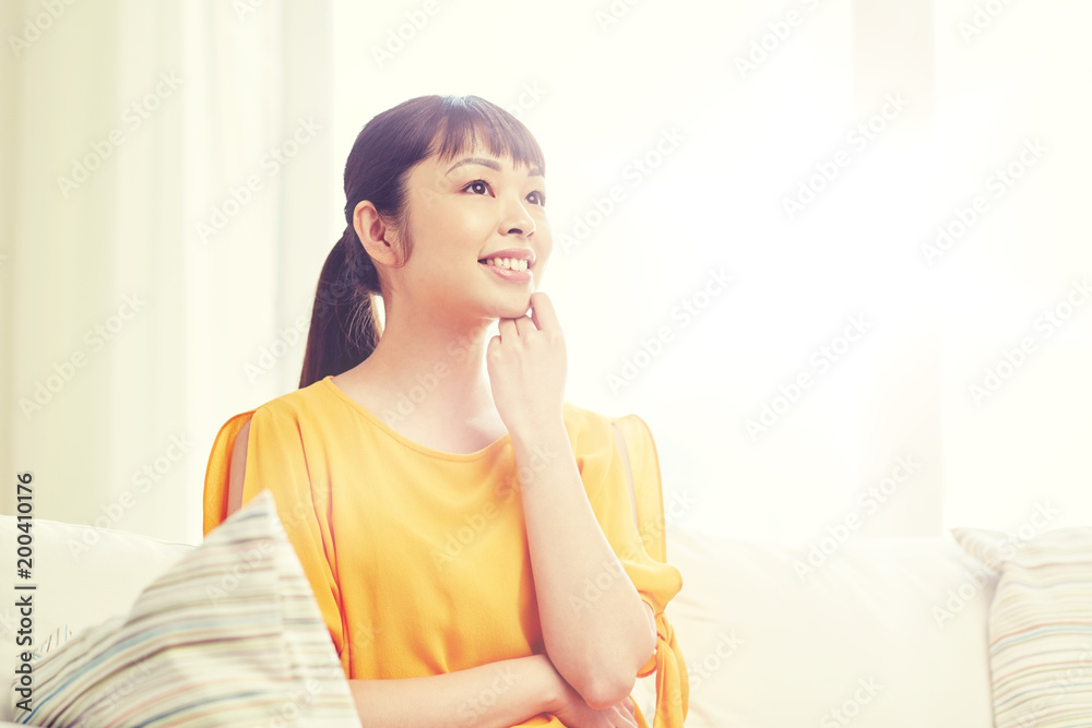 people, race, ethnicity and portrait concept - happy asian young dreaming woman at home people, race, ethnicity and portrait concept - happy asian young dreaming woman at home