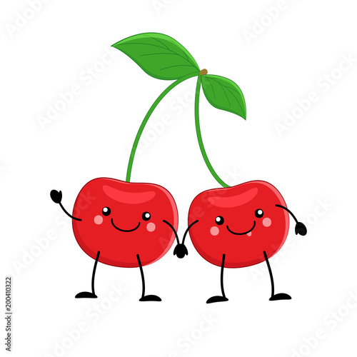 Cute cartoon cherry. Kawaii  cherry. Vector illustration isolate