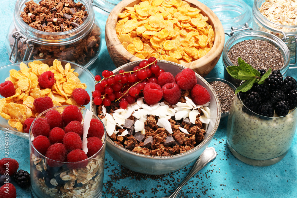 Cereal and ingredients for a healthy breakfast with chia pudding, granola, cornflakes and berries