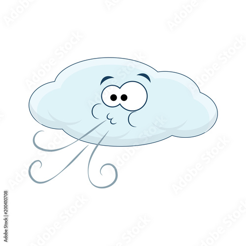 Cute cartoon cloud blows wind. Vector illustration isolated on w