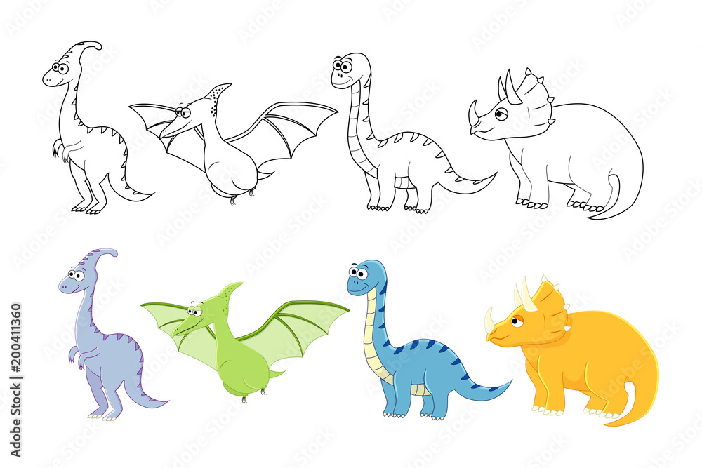 Cartoon dinosaurs set. Coloring book pages for kids.  Vector ill