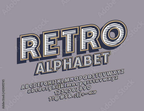 Vector Retro Alphabet. Rotated stroped Font. Beveled Vintage style Alphabet Letters, Numbers and Punctuation Symbols