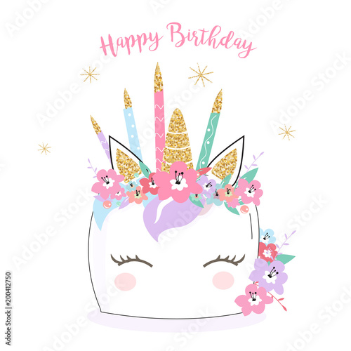 Happy Birthday unicorn cake card/ background in vector. Hand drawn doodle Illustration for mugs, invitations, cards.