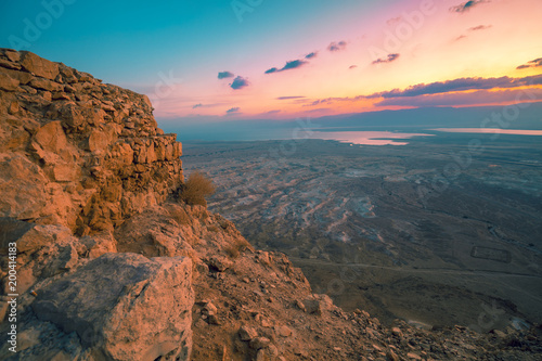Aerial view from Masada in early morning. Sunrise in Judaean Desert