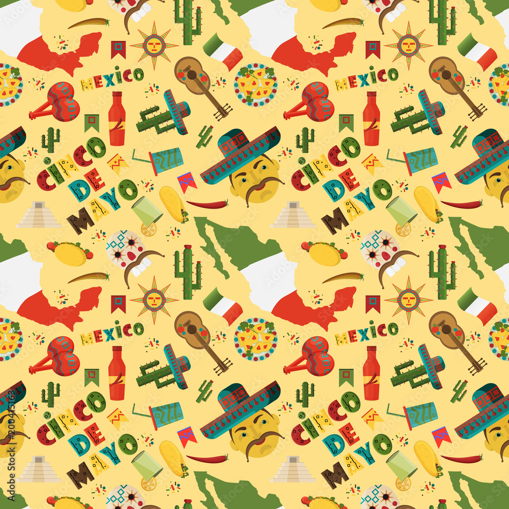 seamless pattern illustration in flat style on isolated background Mexican elements yellow background seamless pattern illustration in flat style on isolated background Mexican elements yellow background
