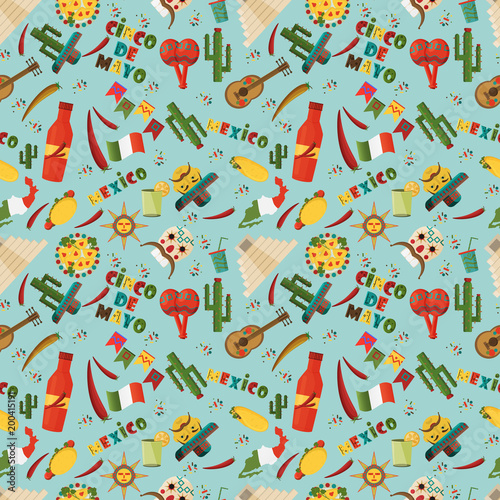 seamless pattern illustration in flat style on isolated background Mexican elements blue background
