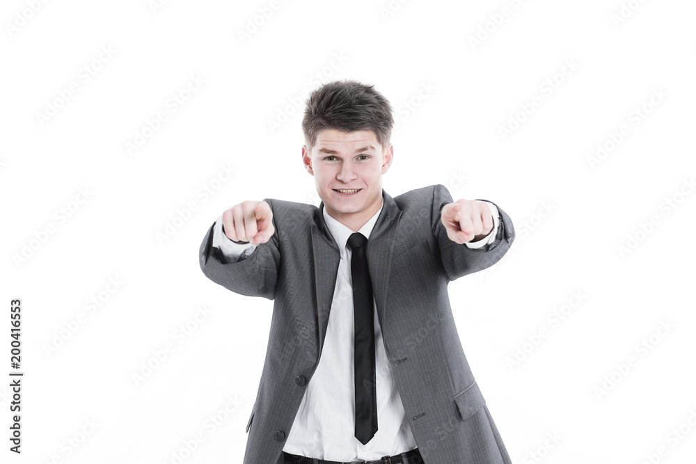 handsome businessman showing the hands forward.isolated on a white handsome businessman showing the hands forward.isolated on a white