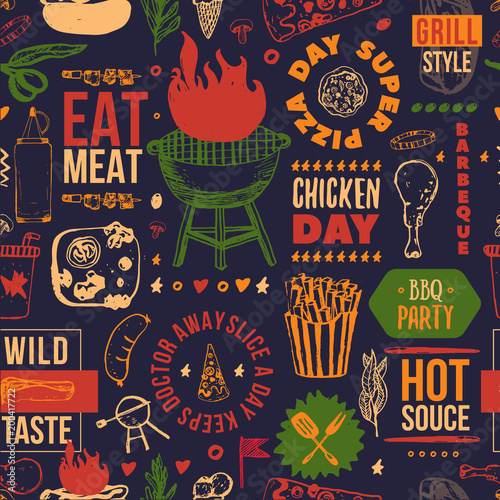 Barbecue Party Vector typography seamless pattern. with Steak, Sausage, Grill Signs on Dark Background for your party.