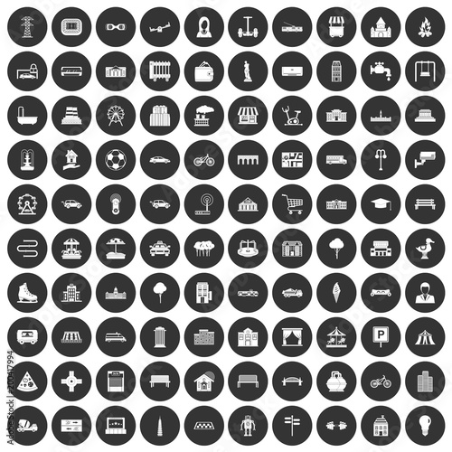 100 urban icons set black circle