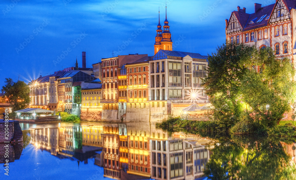 Panoramic view of the city at dusk .Opole, Poland. - obrazy, fototapety, plakaty 