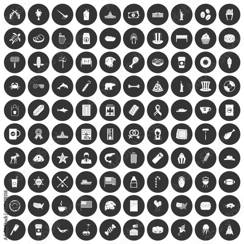 100 USA icons set black circle