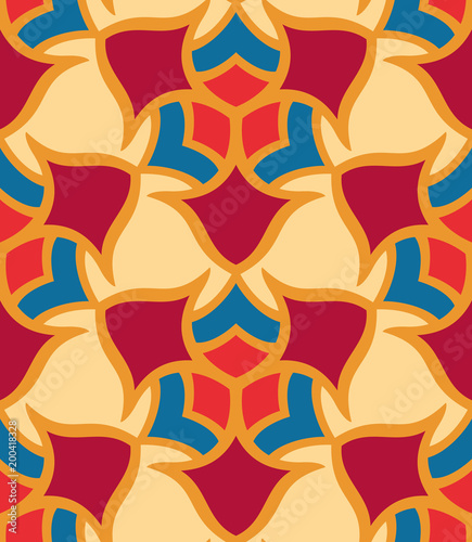 Seamless pattern morrocan ornament. Floral textile print. Islamic vector design. Oriental background with abstract flowers. Hexagonal trefoil swatch. Stained glass vitrage.