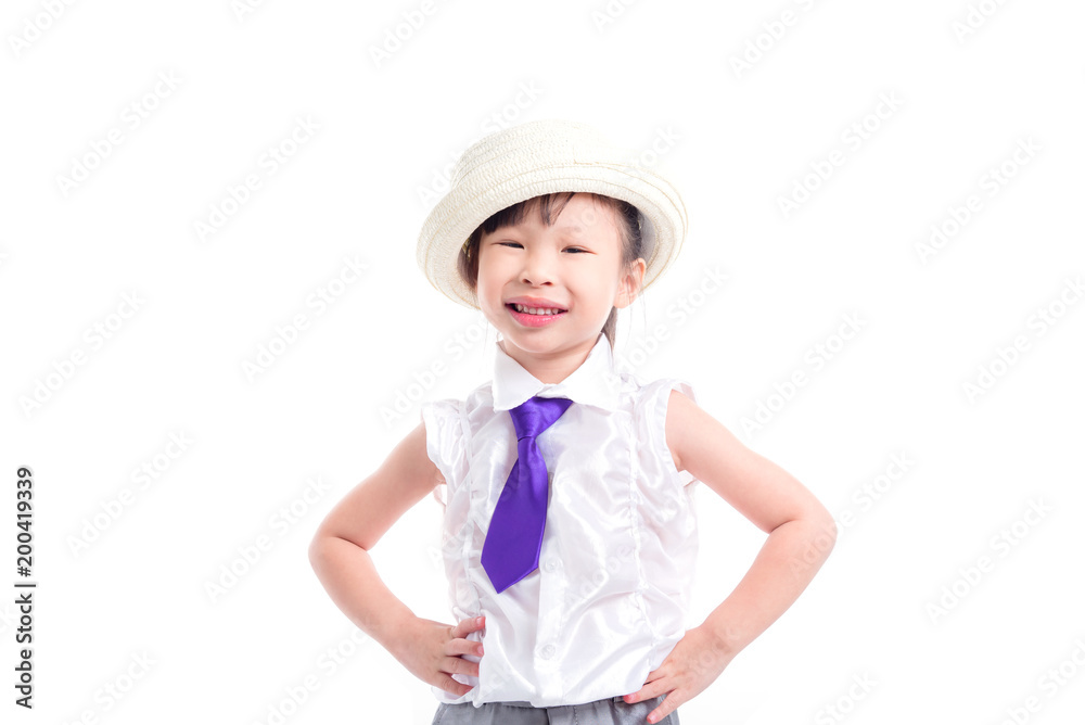 Little asian girl wearing hat and smiles over white background Little asian girl wearing hat and smiles over white background