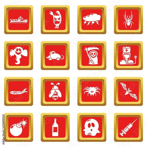 Fears phobias icons set red square vector