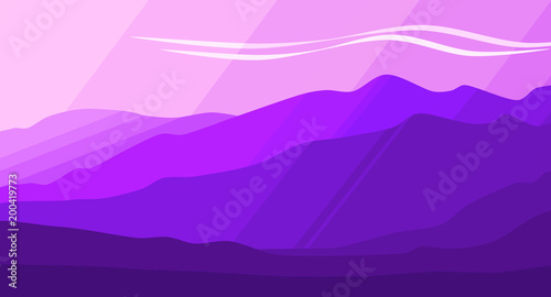 Tranquil Purple, Violet, and Lavender Mountain Range. Graphic Design Landscape Background with Copy Space.
