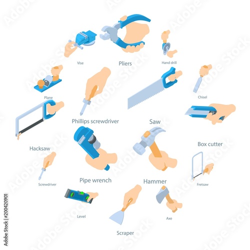 Hand hold tool icons set, isometric style