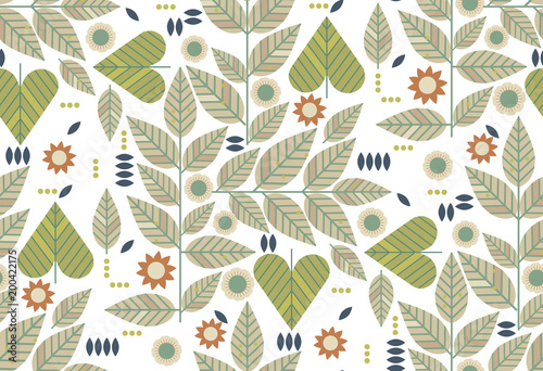 Ornamental seamless pattern with leaf and flowers. Cute print in scandinavian style.The image is made in the style of spring things. Abstract background. Ornamental, traditional, simple.
