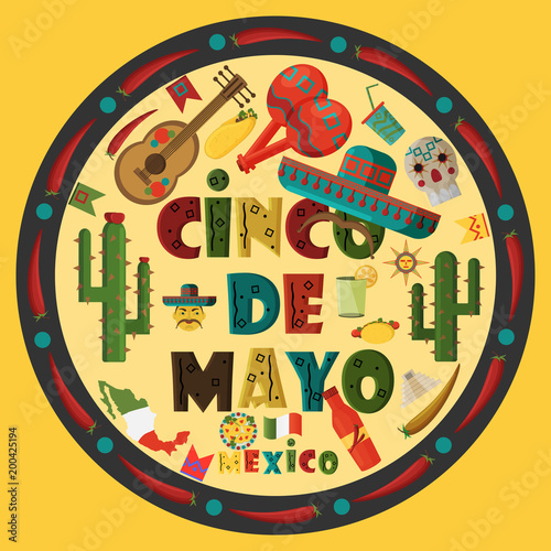 illustration in flat_3_ style circular ornament on isolated Mexican elements background