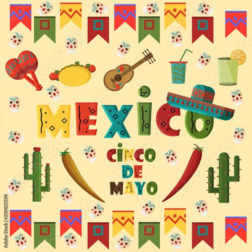 illustration in flat_5_style on isolated background Mexican elements