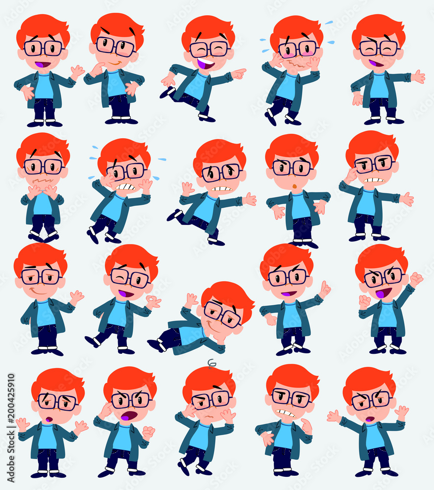 Cartoon character white boy with a glasses. Set with different postures, attitudes and poses, doing different activities in isolated vector illustrations. Cartoon character white boy with a glasses. Set with different postures, attitudes and poses, doing different activities in isolated vector illustrations.