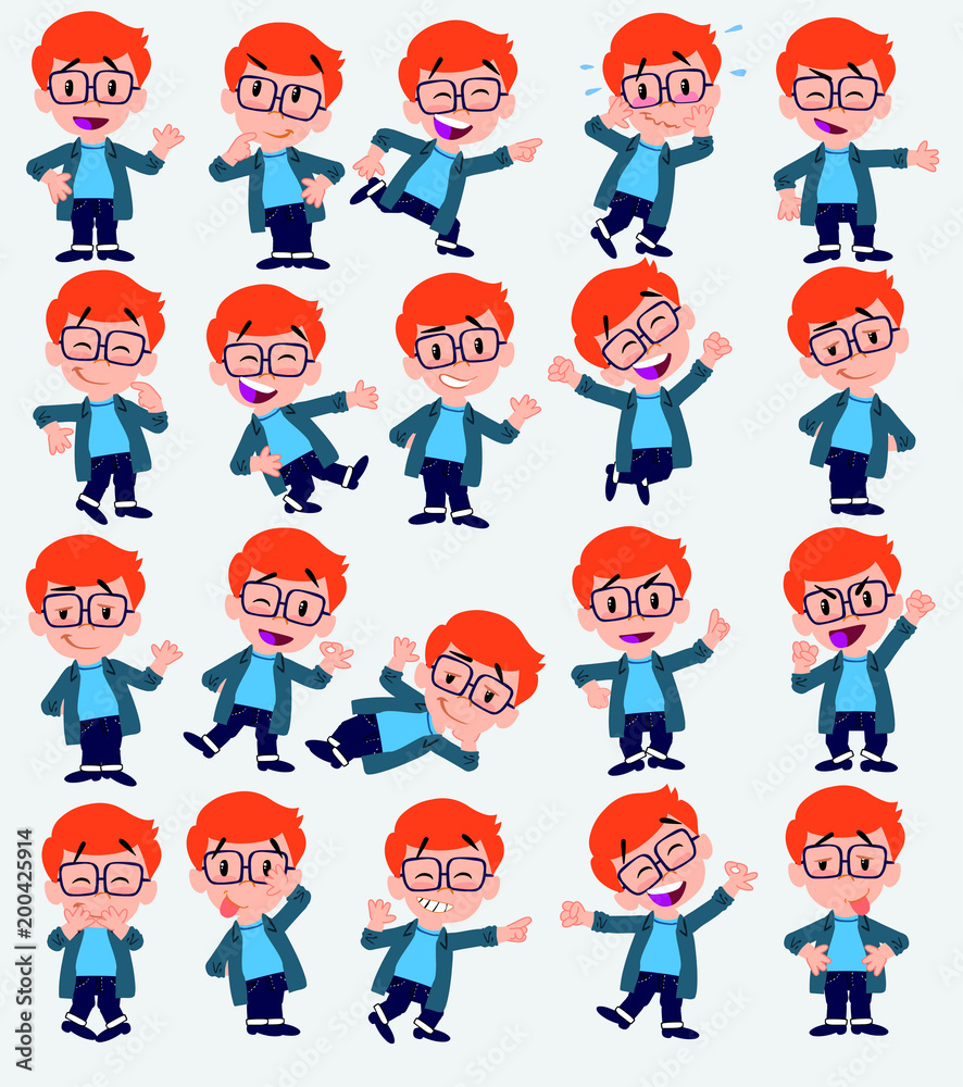 Cartoon character boy with a glasses. Set with different postures, attitudes and poses, always in positive attitude, doing different activities in vector vector illustrations. Cartoon character boy with a glasses. Set with different postures, attitudes and poses, always in positive attitude, doing different activities in vector vector illustrations.