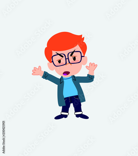 White boy with a glasses argues something with a gesture of discontent.