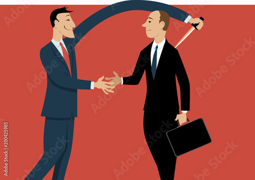 Dishonest businessman shaking hands with a person, stabbing him in a back with another hand, EPS 8 vector illustration 