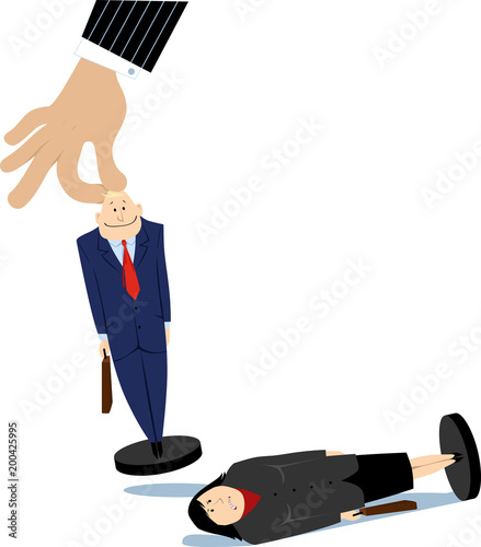 Giant managerial hand moving a male pawn employee, knocking over a female pawn, EPS 8 vector illustration
