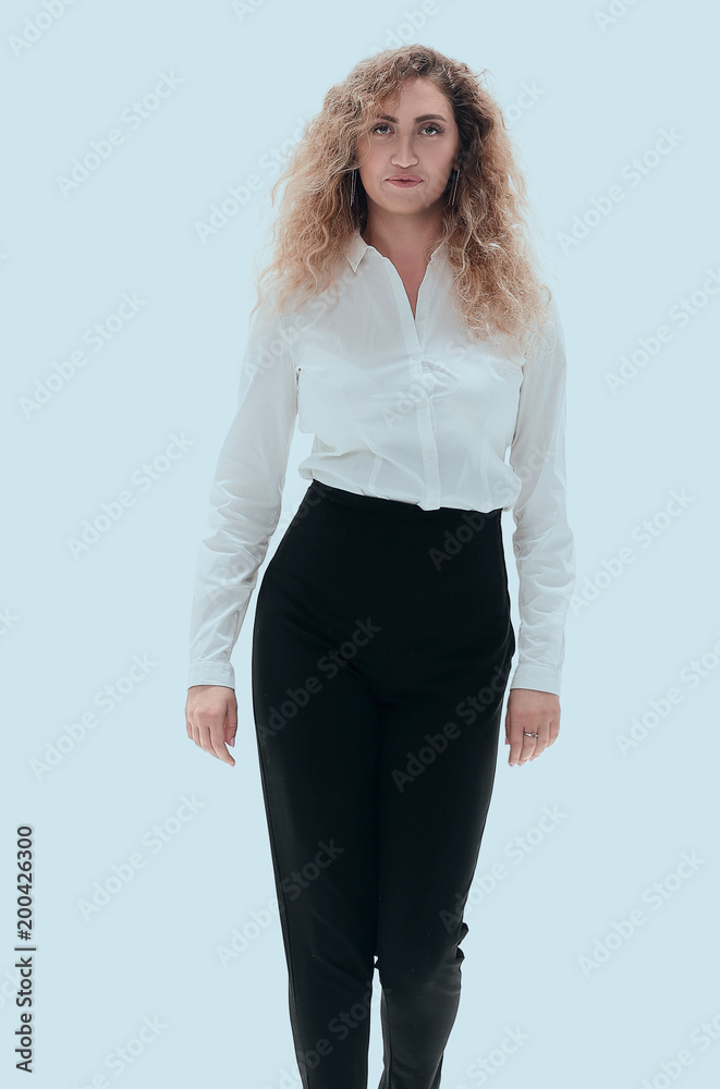 business woman striding confidently forward.