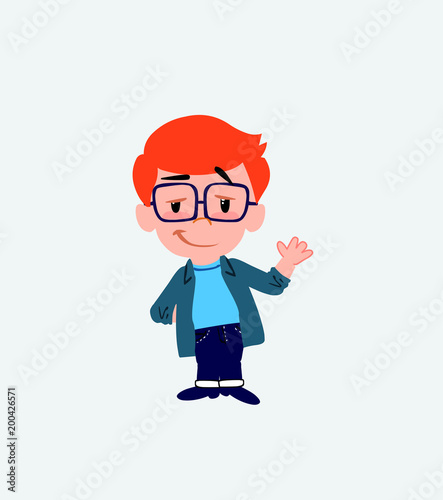 White boy with glasses waving with a dreamy expression.