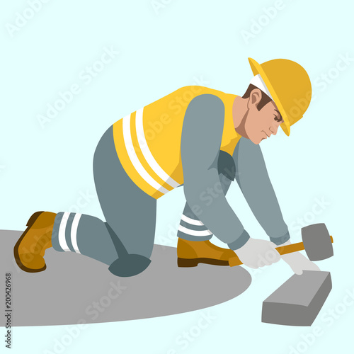 worker builder repairs the pavement vector illustration
