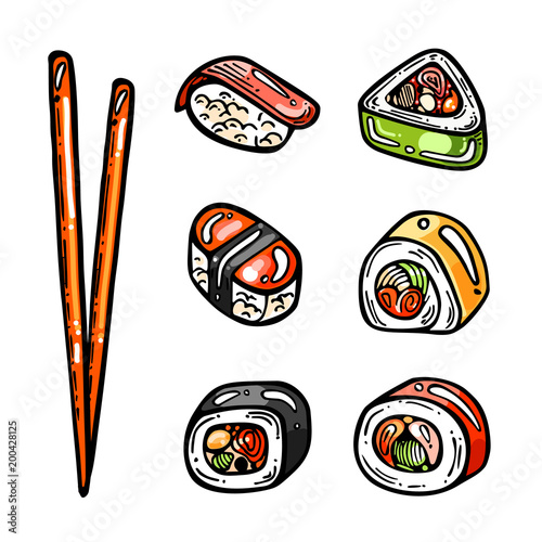 Vector set of icons sushi and rolls. Set of colorful japanese meals. Philadelphia, California, Dragon rolls. Cartoon style illustration.