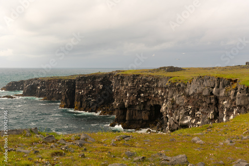 Southern Peninsula-Travel to Iceland. Spectacular Icelandic landscape with road and scenic nature- fjords, fields, clouds. Driving the Ring Road in Southeast Iceland