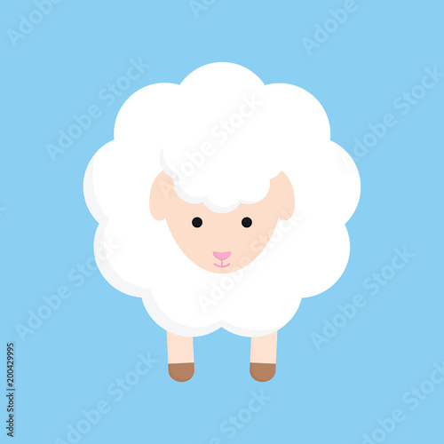 Fluffy cute sheep animal vector graphic illustration, isolated on blue background.
