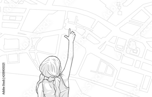 Illustration of young girl looking and pointing at destination on large map