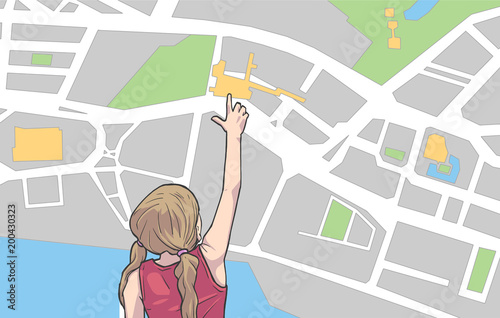 Illustration of young girl looking and pointing at destination on large map
